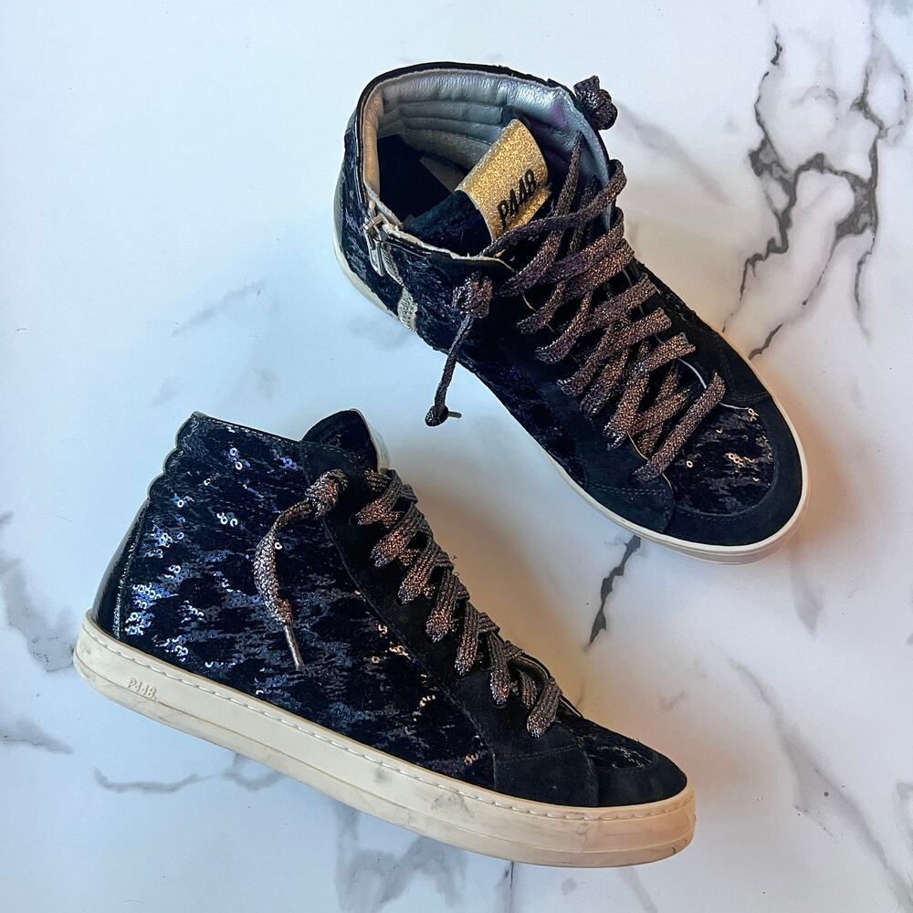 P448 Navy Sequin Leopard High Top Skate Sneakers Size 37
